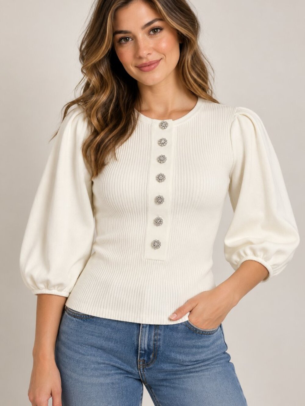 APPARALEL Ivory Ribbed Knit Puff Sleeve Crystal Button Top Small